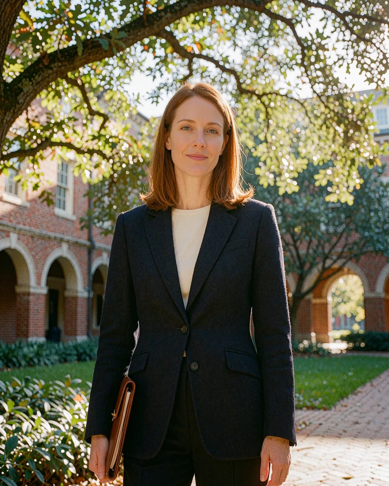 Woman with auburn hair in a navy blazer standing in a leafy brick courtyard on an Atlanta university campus