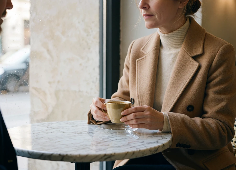 Refined woman in a camel coat seated at a marble café table, listening attentively over an espresso