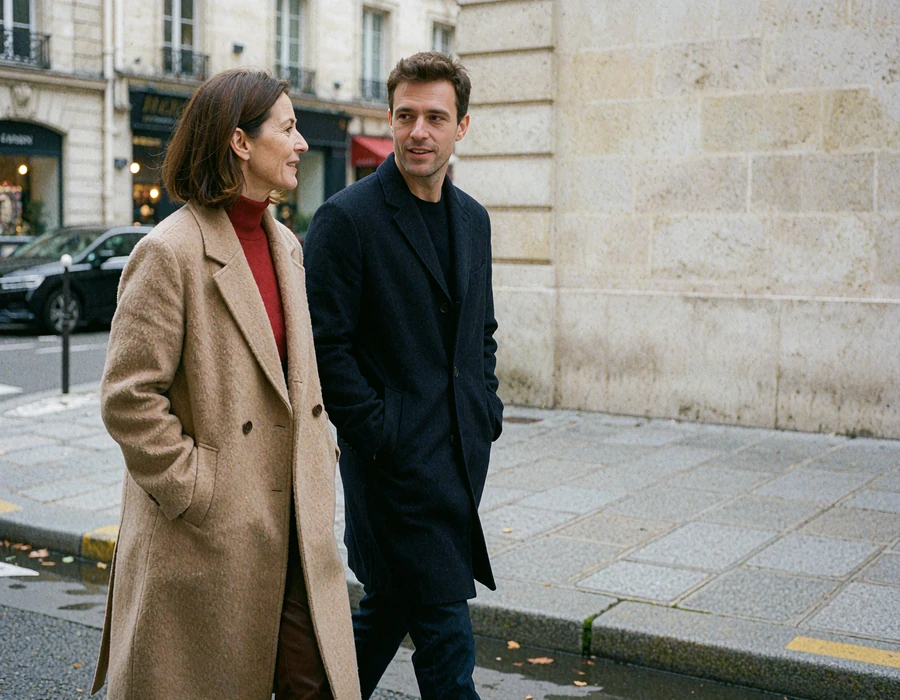 Woman in a camel wool coat walking and talking with a younger man in a navy overcoat on a quiet city street