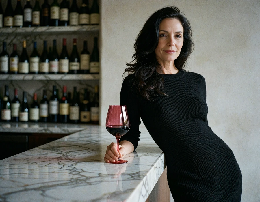 Woman in a fitted black knit dress leaning on the marble counter of an intimate wine bar