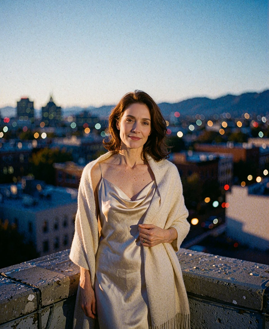 Woman with chestnut hair in a champagne slip dress on a rooftop terrace above the Denver skyline at dusk