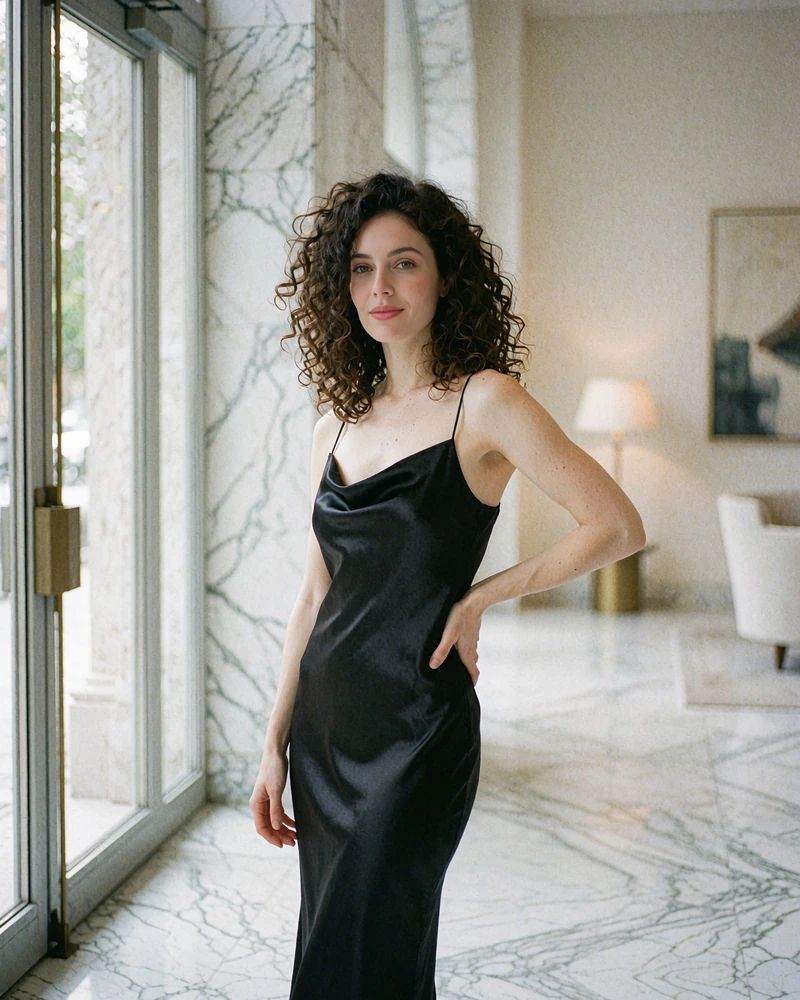 Portrait of a woman with voluminous dark curls in a black satin dress in a bright marble hotel lobby