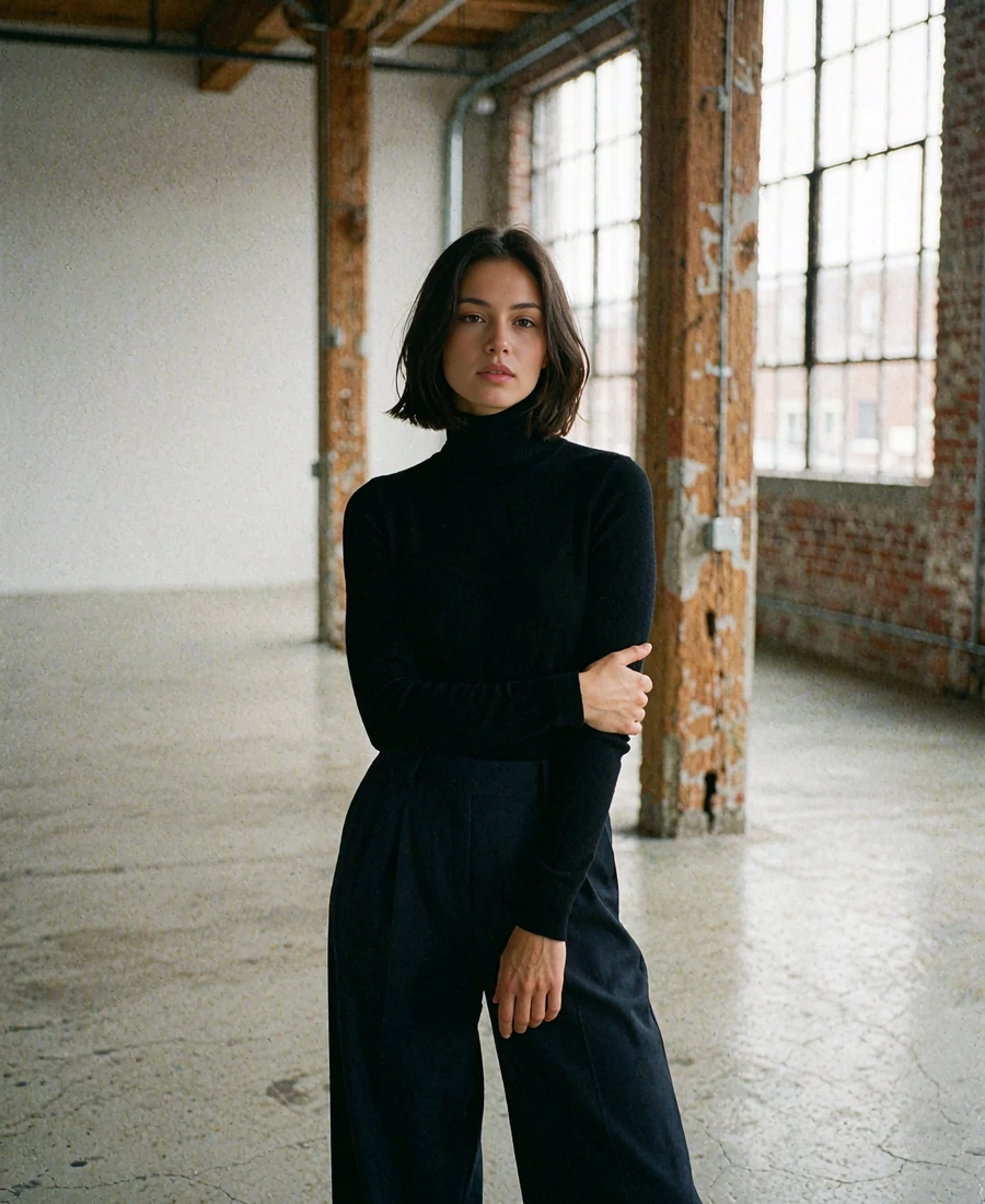 Woman in a black turtleneck standing in a converted warehouse studio with tall factory windows
