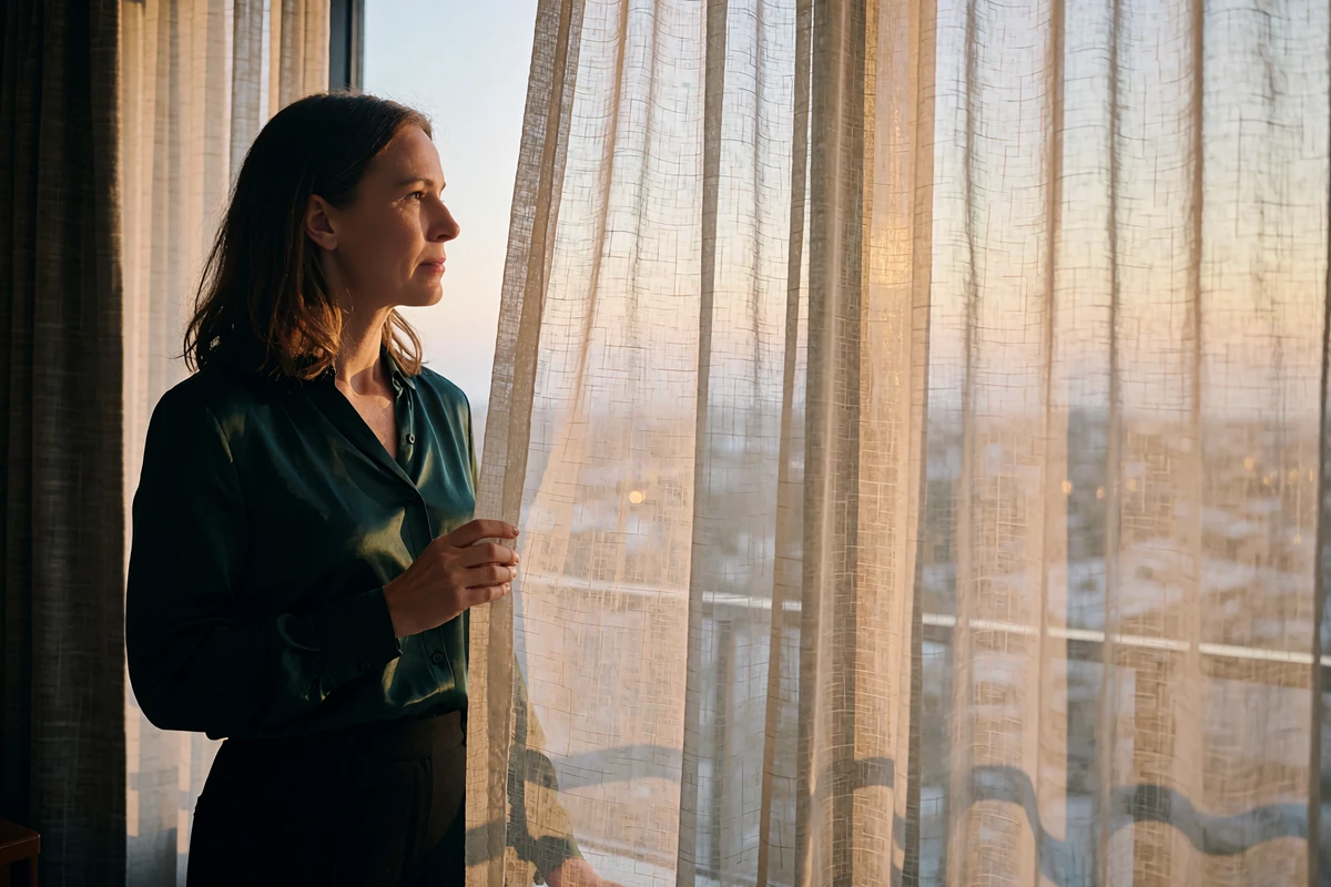 Composed woman in a dark green satin blouse standing behind sheer curtains in a quiet hotel room