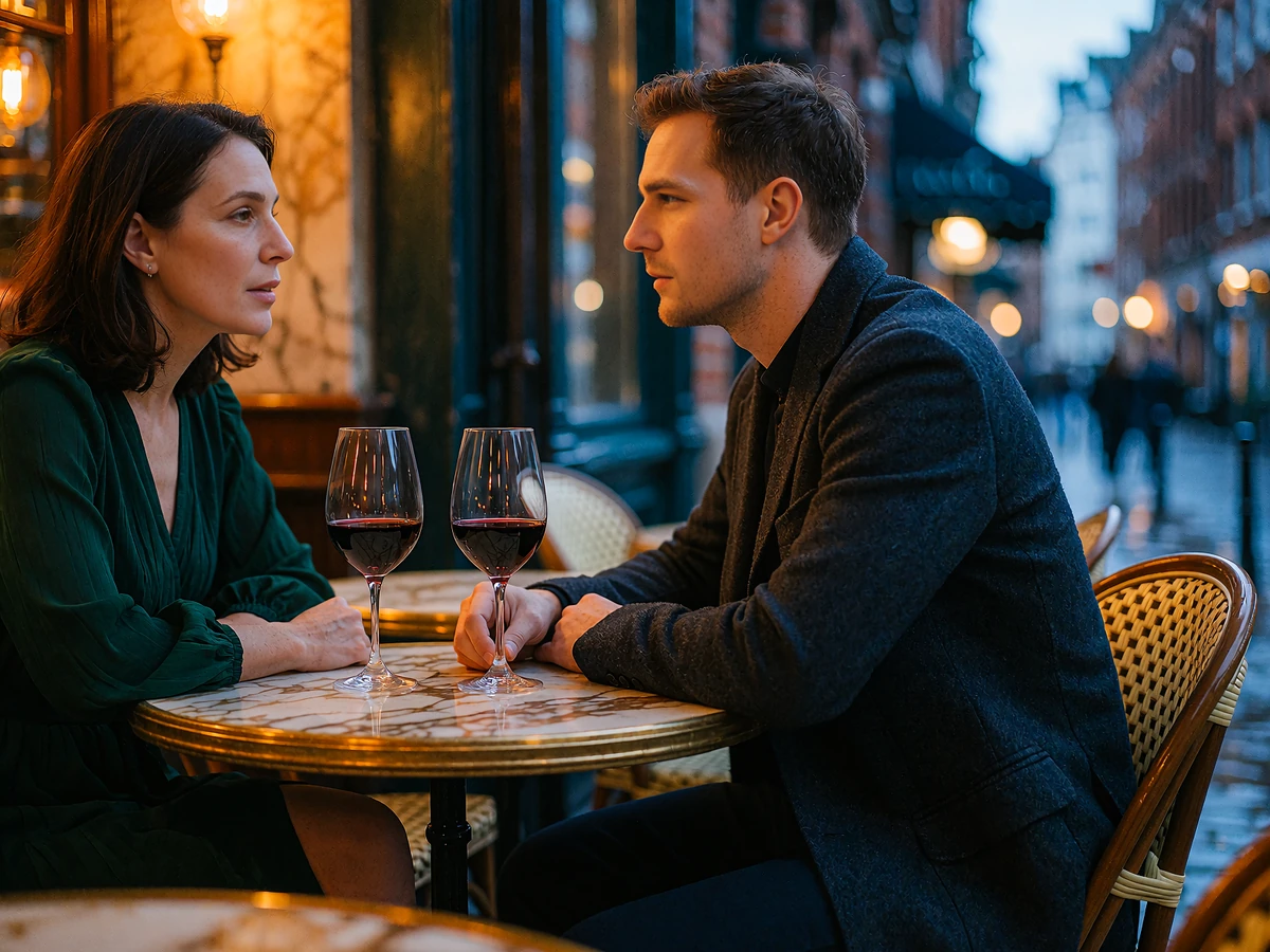 Couple at a marble café table in a quiet neighborhood wine bar in Columbus at evening