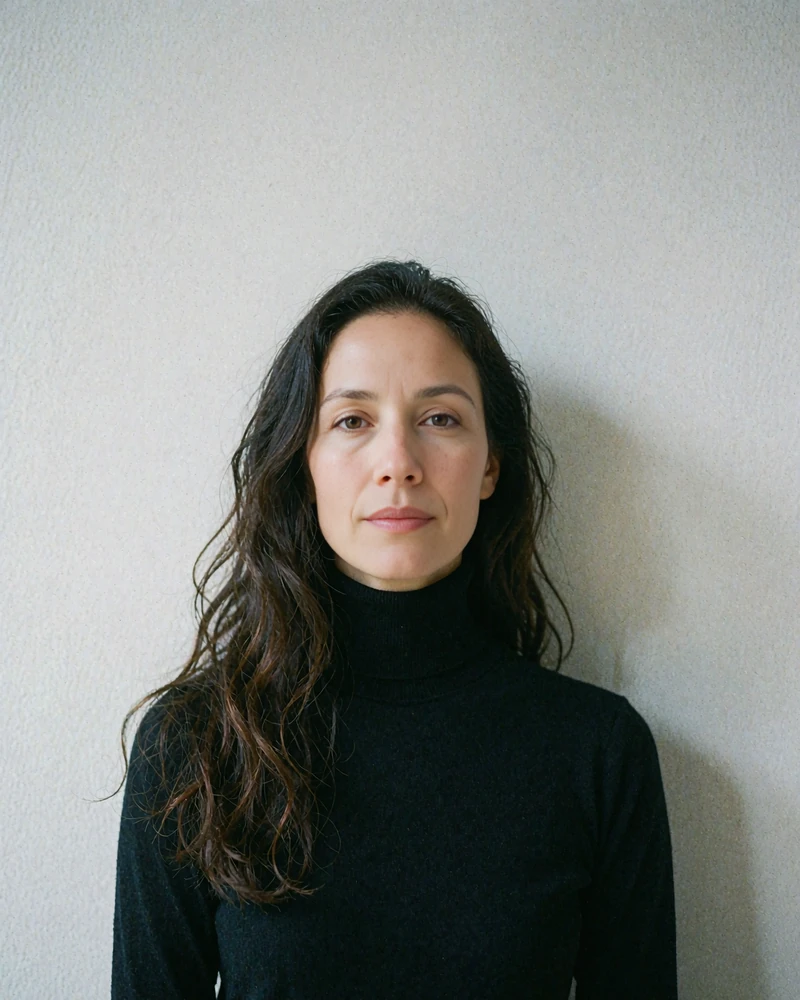 Portrait of a woman in her mid twenties with long dark hair wearing a black turtleneck against a pale gray wall