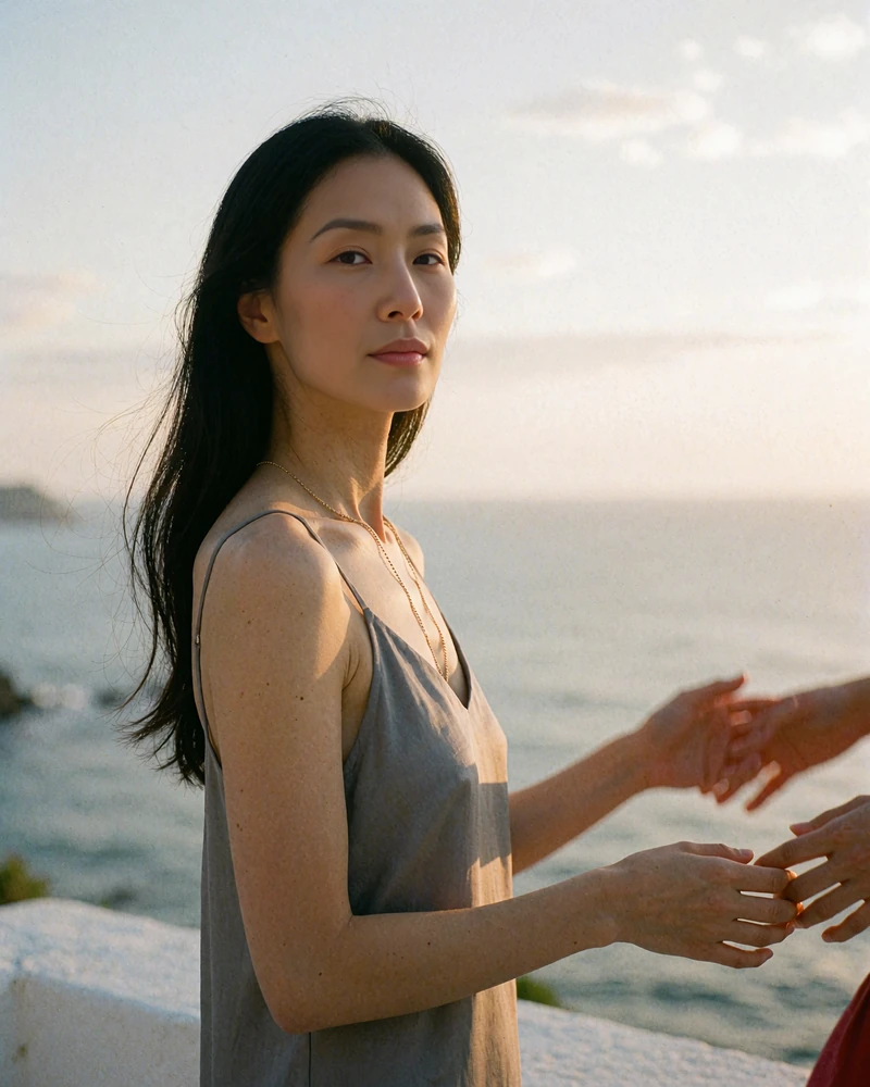 Woman in a grey slip dress on a coastal terrace at golden hour looking back over her shoulder