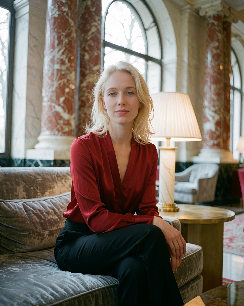 Fair-haired woman in a deep red silk blouse seated on a velvet sofa in a bright Tampa hotel lounge
