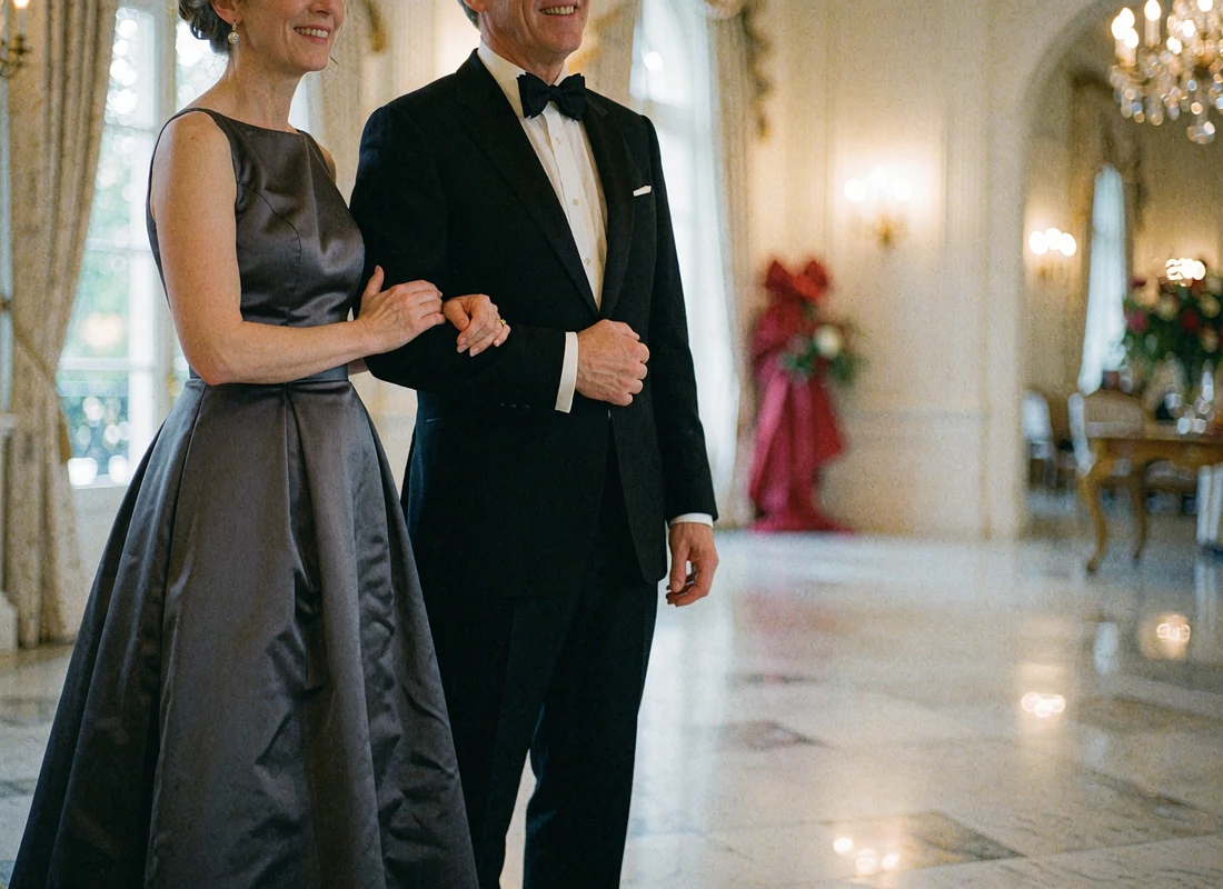 Woman in a charcoal evening gown standing with a man in a dinner jacket at a formal evening reception