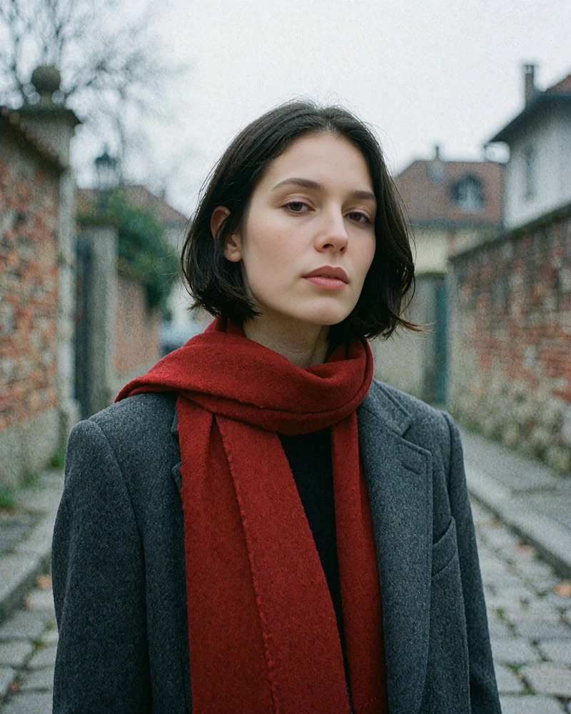 Portrait of a woman with a dark chin-length bob wearing a charcoal coat and crimson scarf on a stone-paved street