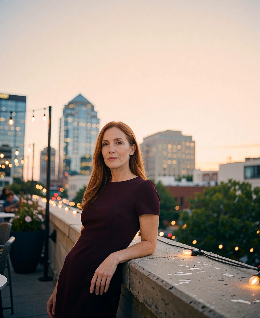 Woman in a fitted burgundy dress leaning against a rooftop bar parapet above the Atlanta skyline at dusk