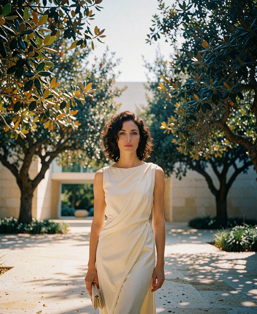 Woman in an ivory sheath dress standing in a Houston Museum District plaza beside a stone wall