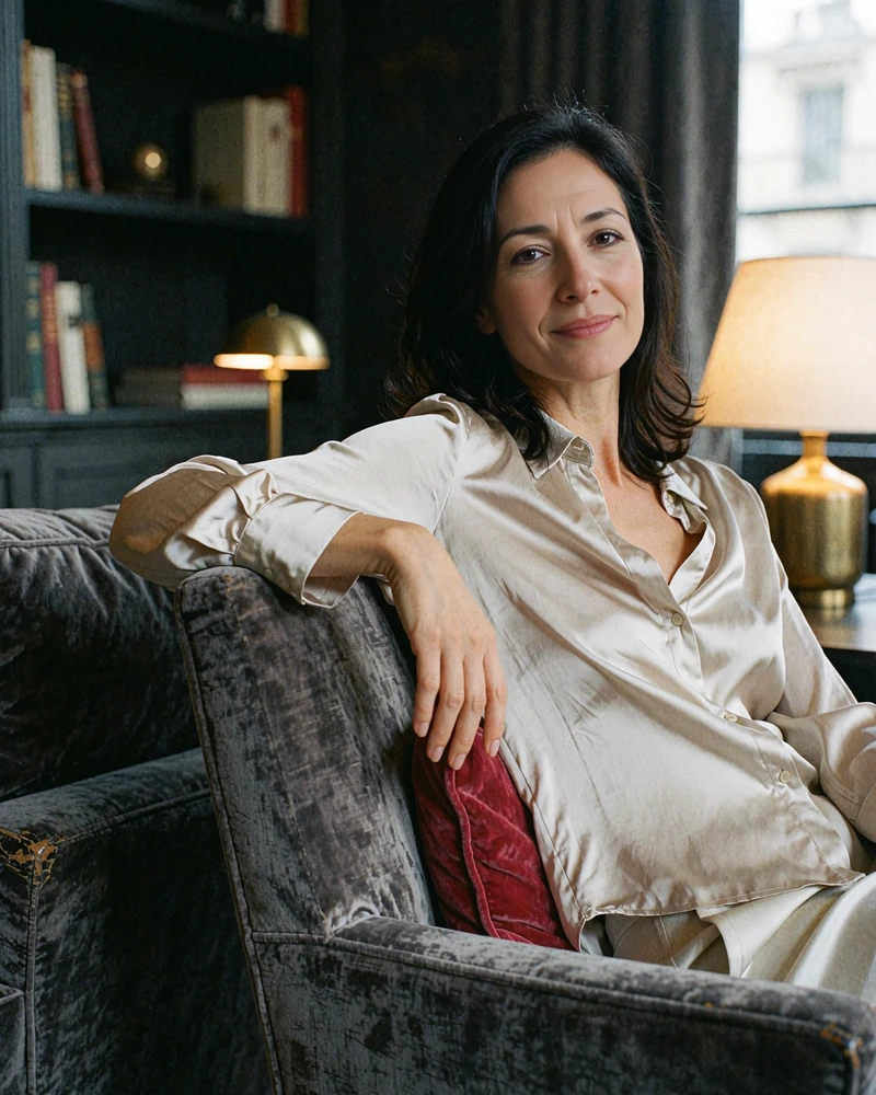 Smiling woman in a champagne silk blouse seated in a velvet armchair in a members club lounge
