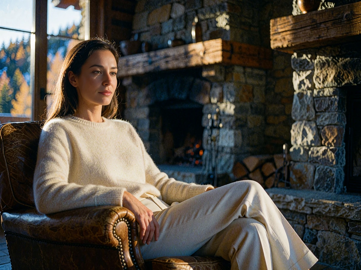 Woman in an ivory cashmere sweater seated by a stone fireplace in a mountain lodge lounge near Denver