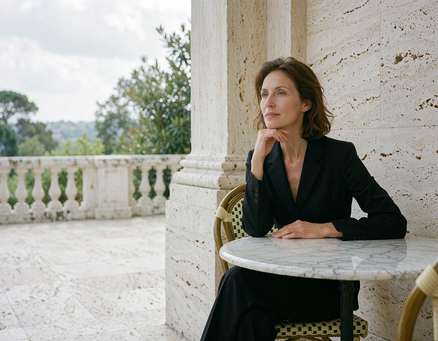 Woman in a black tailored jumpsuit seated at a marble table on a private hotel terrace