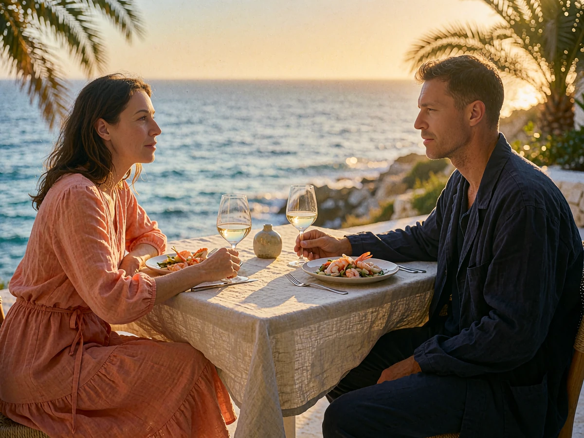 Couple seated at a linen-set table on an open seaside terrace in San Diego at sunset
