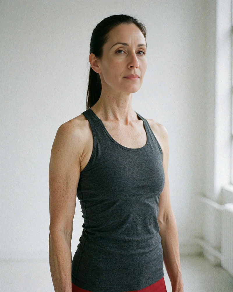 Athletic woman in her mid forties with a smooth dark ponytail in a training top