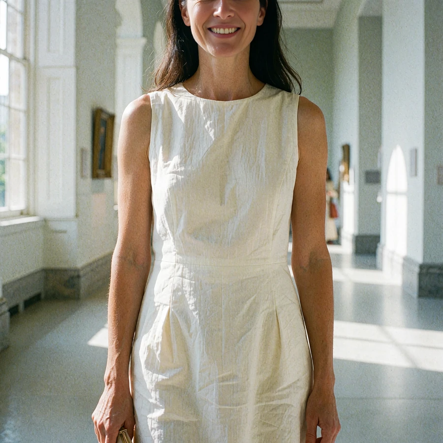 Smiling woman with dark hair in an ivory dress standing in a bright museum gallery in Chicago