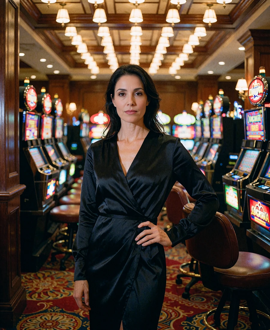 Dark-haired woman in a black satin wrap dress inside a warmly lit Las Vegas casino hotel lounge