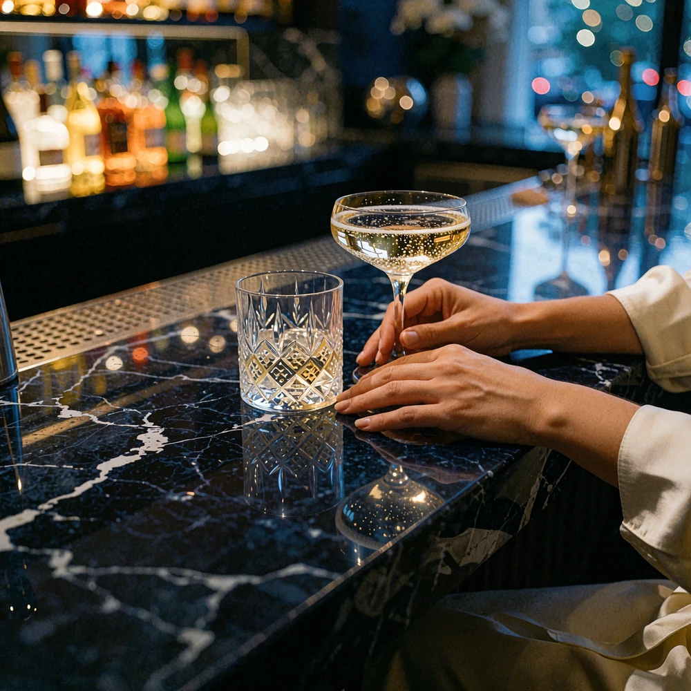 Two glasses of sparkling wine and a crystal tumbler on a dark marble bar top in a Las Vegas lounge