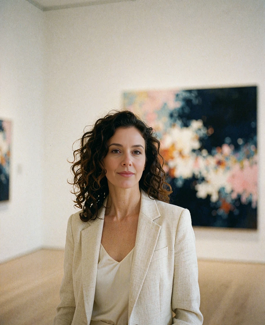 Woman in a cream tailored blazer standing in a bright contemporary art gallery in Atlanta