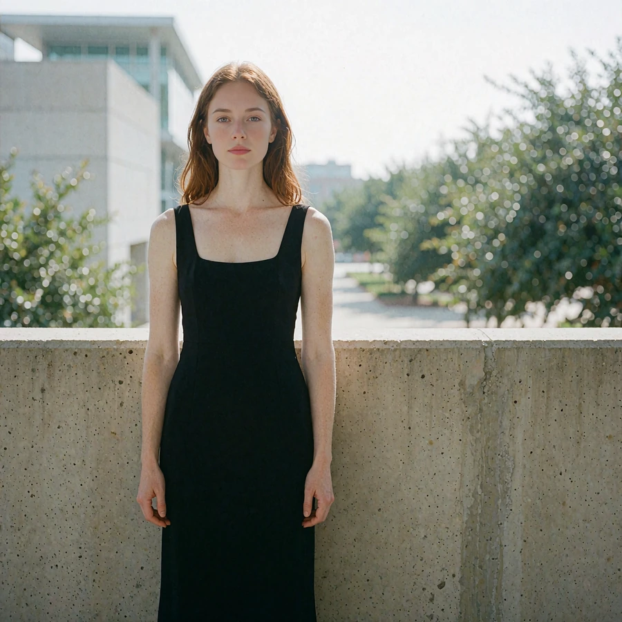 Young woman with long auburn hair in a black midi dress standing in the Dallas Arts District beside a concrete wall
