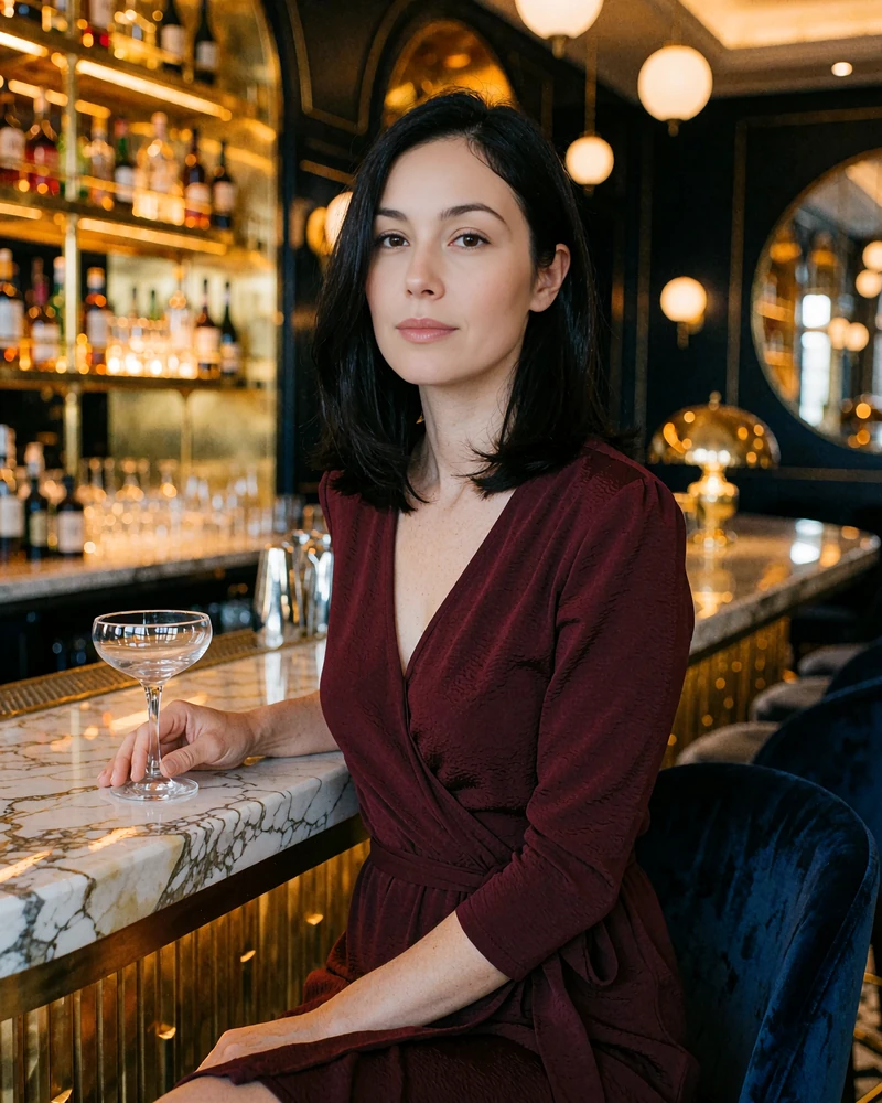 Woman with sleek black hair in a burgundy wrap dress seated at a marble hotel bar in Atlanta