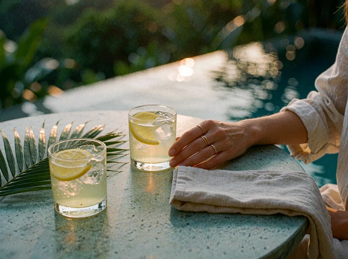 Two chilled cocktail glasses garnished with citrus on a terrace table with evening water light in the background