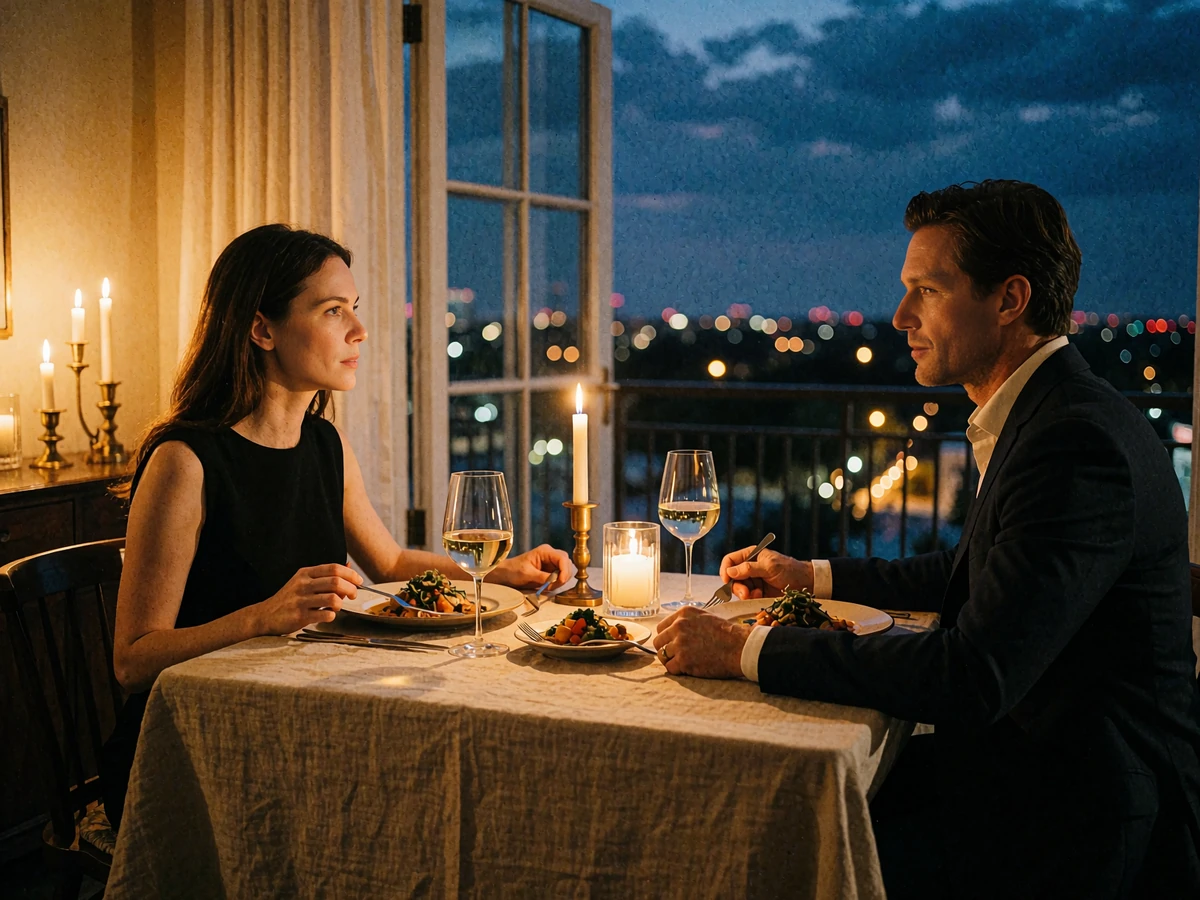 Couple seated at a linen-set dinner table by a window with the Orlando skyline glowing at dusk