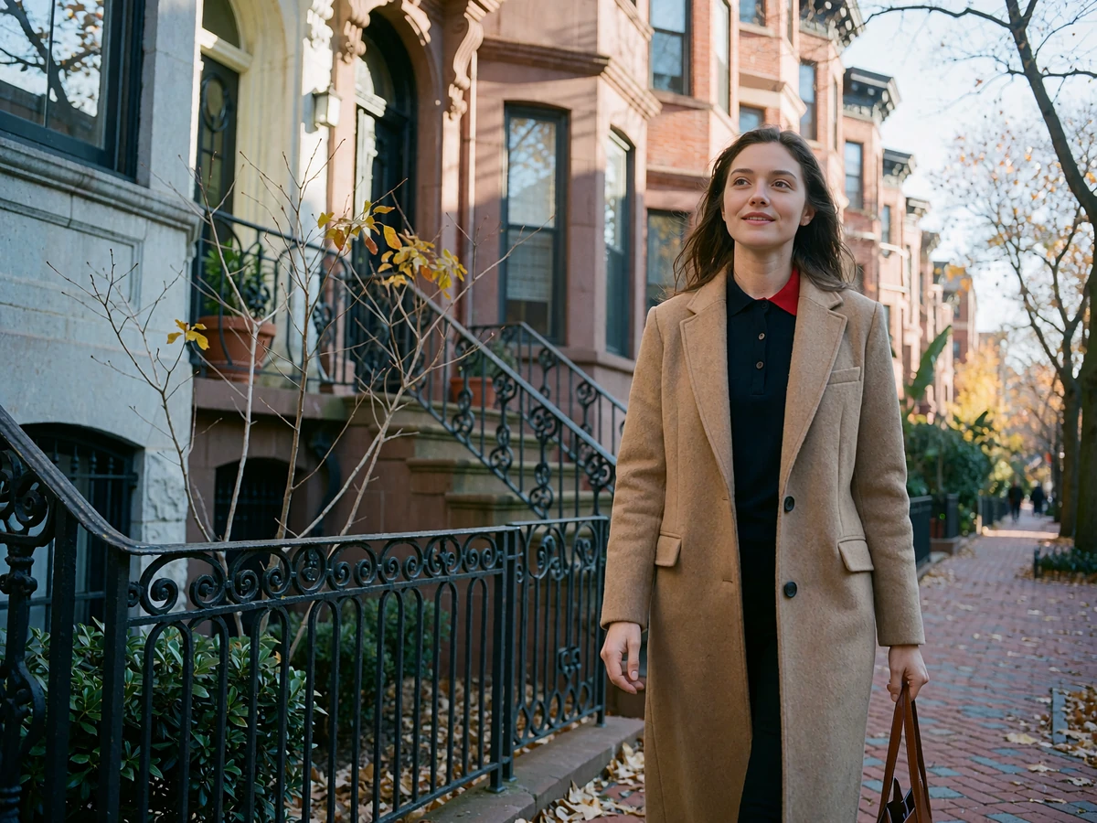 Woman in a camel wool coat walking past historic brownstone townhouses on a Boston sidewalk