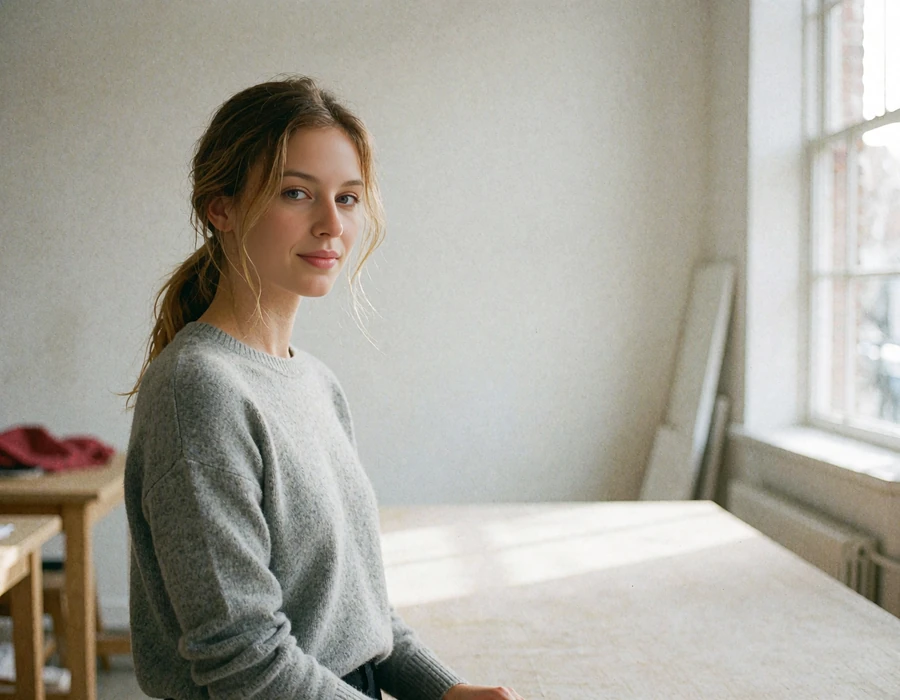 Young woman in a grey cashmere sweater standing in a bright minimalist atelier studio