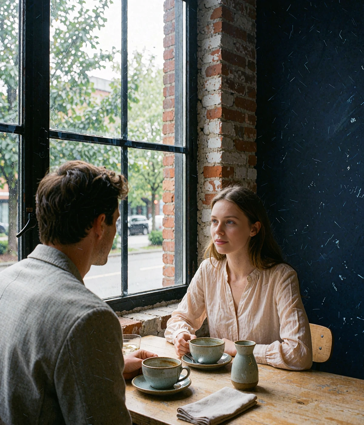 Woman and man meeting for coffee at a bright window table in a converted San Antonio brewery district café