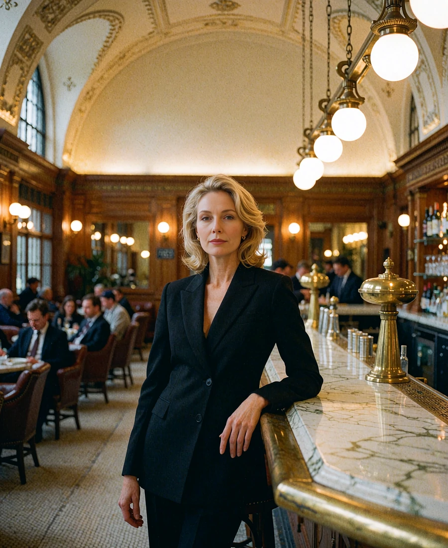 Blonde woman in a black tailored jumpsuit standing beside a marble bar in a historic Denver Union Station lounge