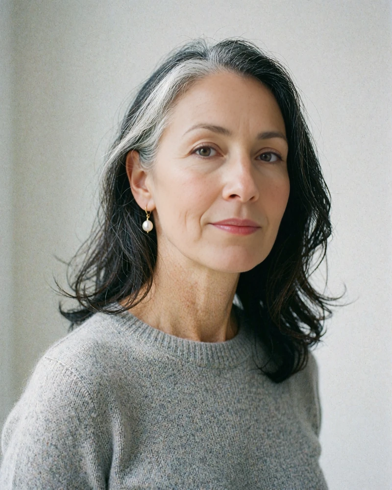 Poised woman in her early fifties with a natural silver streak wearing a cashmere sweater