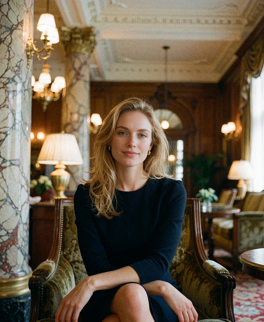 Stylish honey-blonde young woman seated in a velvet armchair in a historic San Antonio hotel lounge