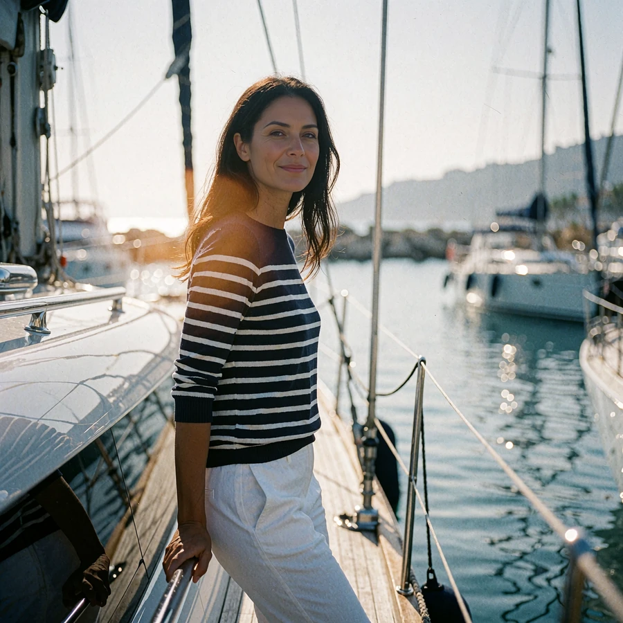 Woman with long dark hair in a navy-and-white striped top leaning on the rail of a moored sailing yacht in a San Diego marina