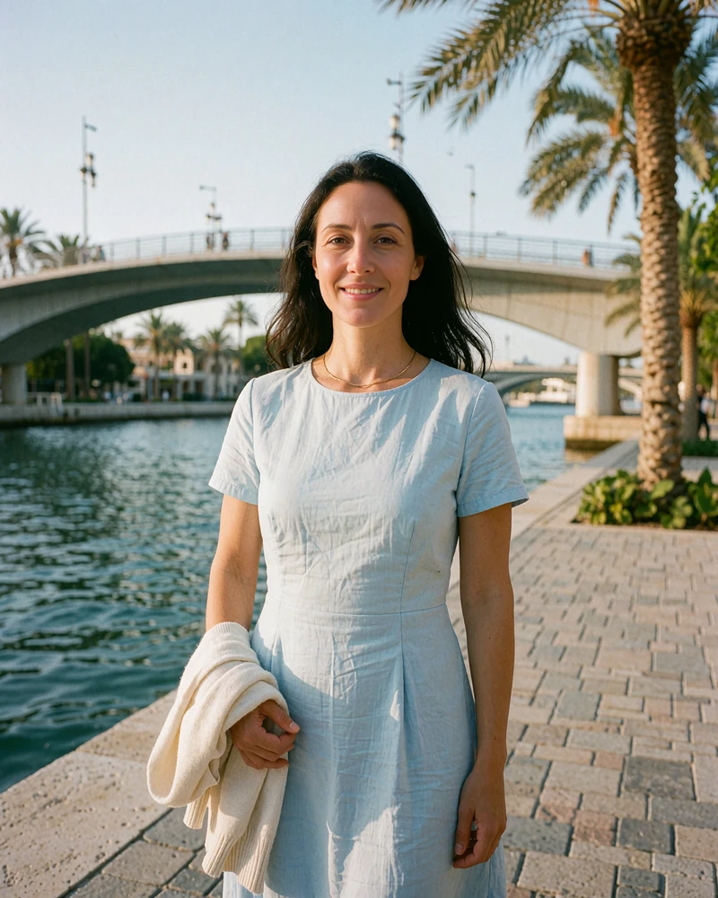 Woman in a pale blue summer dress standing on the Tampa Riverwalk with a curved pedestrian bridge behind her