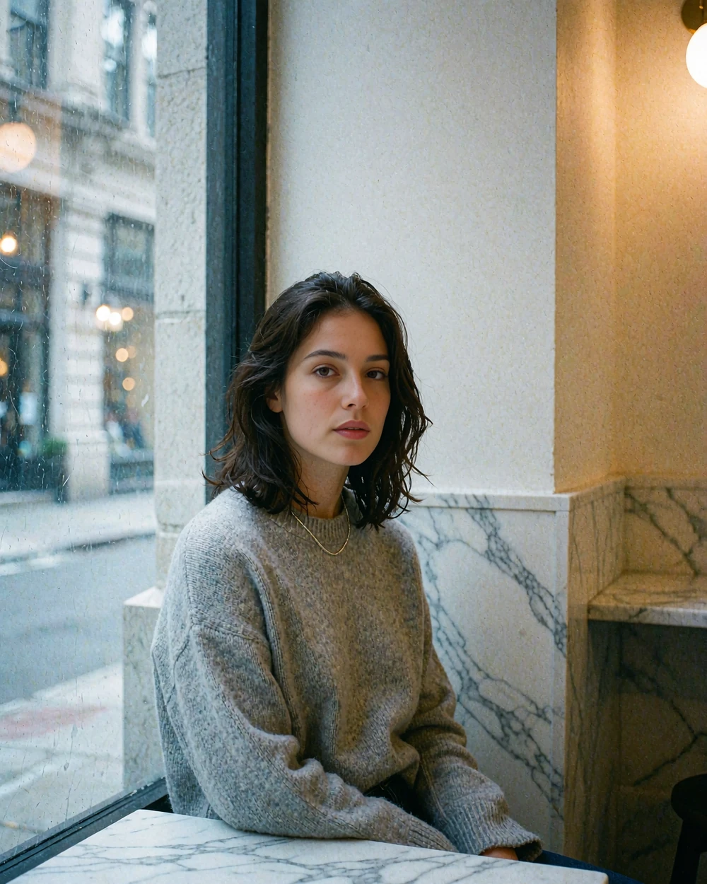 Young woman seated by a tall café window in downtown Chicago with a ceramic cup on a marble table