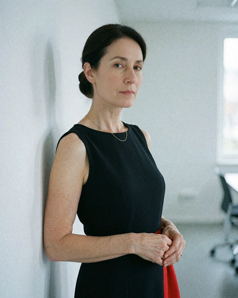 Portrait of a precise woman in her late forties with a dark chignon in a bright minimal office