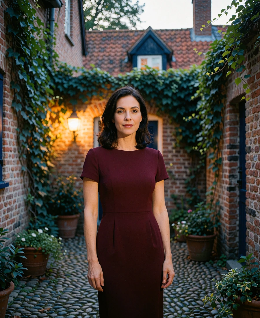 Poised woman in a burgundy dress standing in a brick courtyard in a historic Columbus neighborhood at dusk