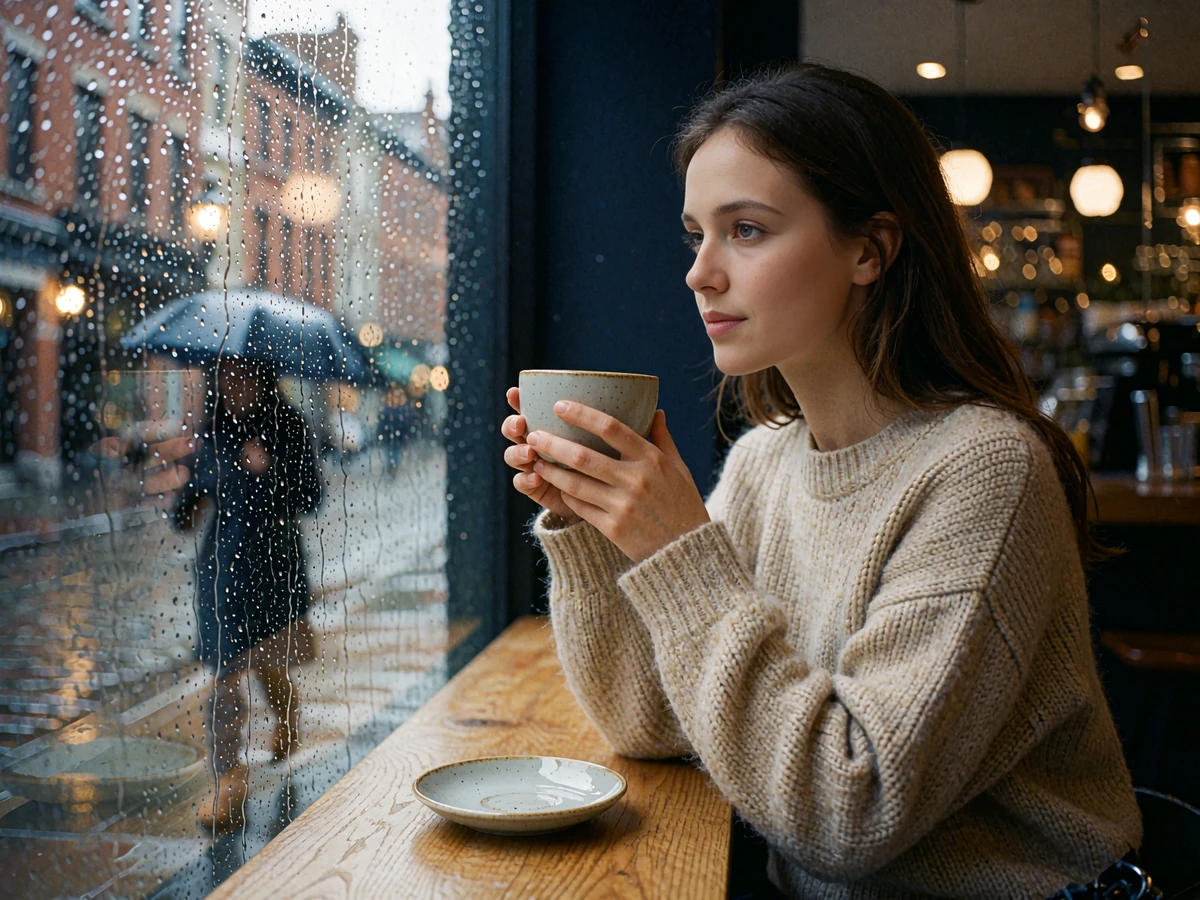 Young woman in an oatmeal knit sweater sitting at a café window bar on a rainy Portland afternoon