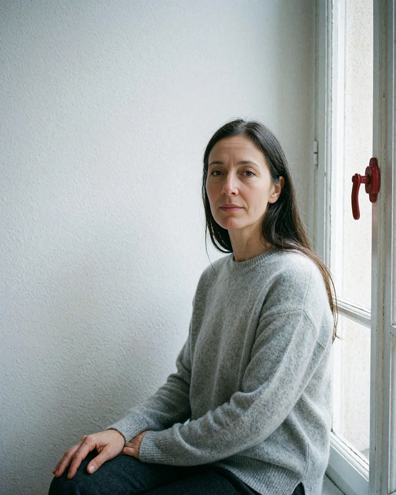 Portrait of a graceful woman in her mid forties with long straight dark hair beside a tall window