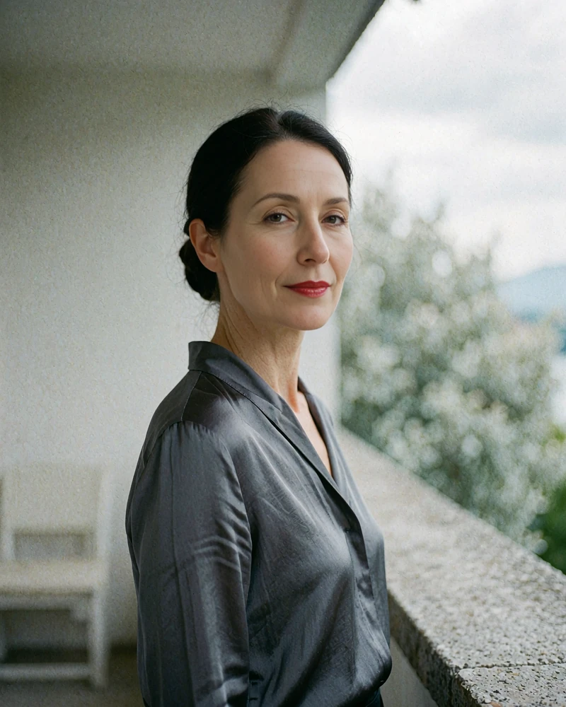 Portrait of a graceful woman with dark hair in a low chignon standing on a shaded terrace
