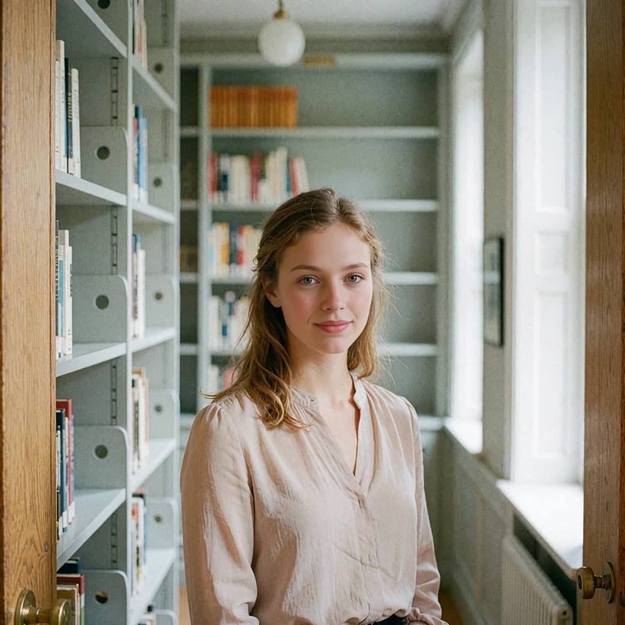 Young woman in a blush blouse standing in a bright reading room with tall pale shelves