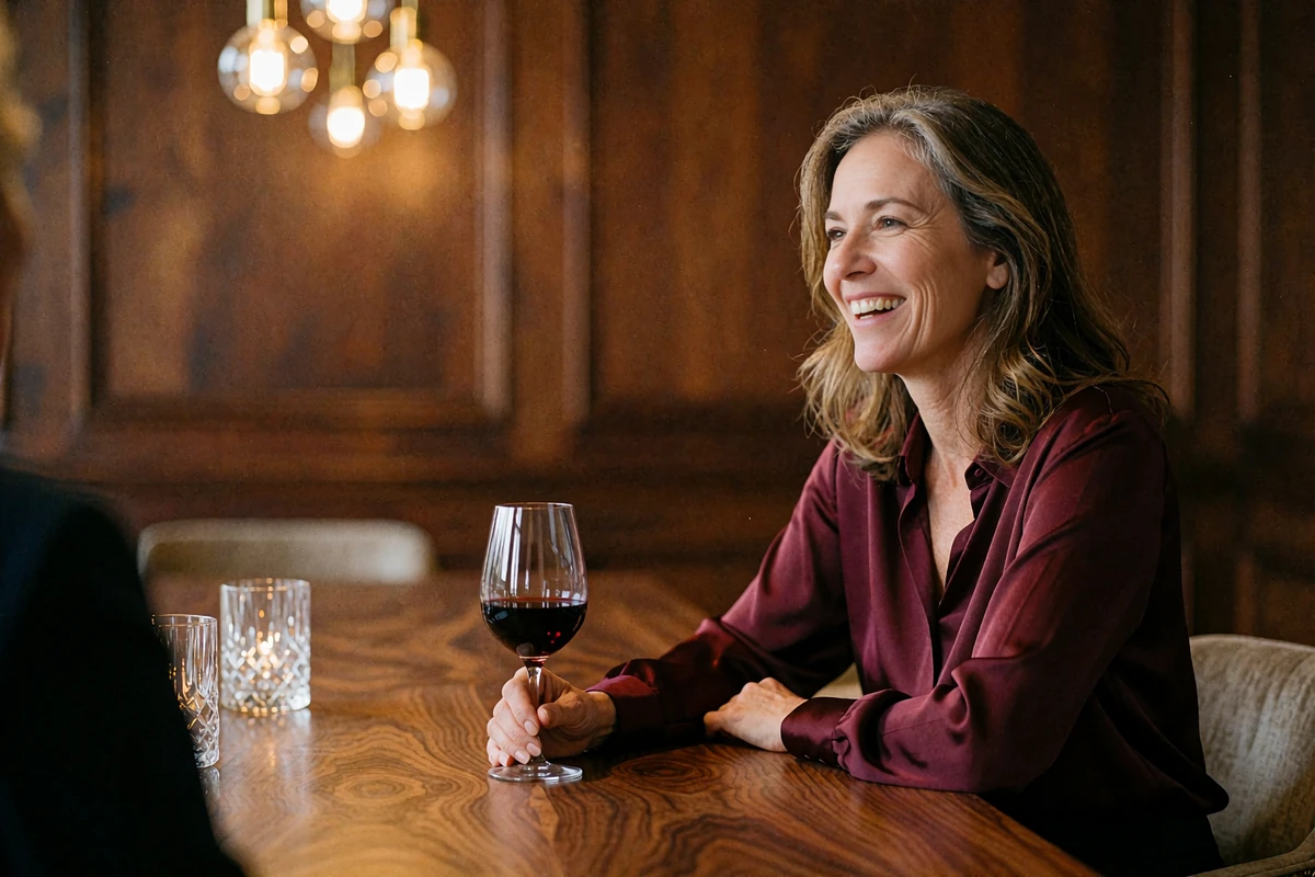 Woman in a burgundy silk blouse laughing during conversation at a walnut dining table with a glass of red wine