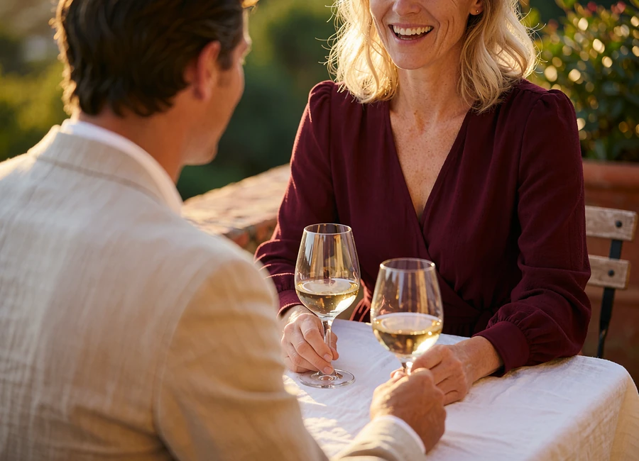 Elegant woman in a burgundy wrap dress laughing softly at a terrace dining table with a companion
