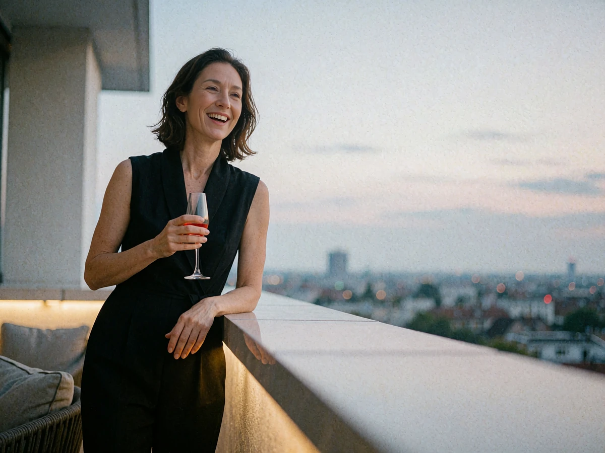 Poised woman in a black jumpsuit laughing at a rooftop lounge rail at dusk with a drink in hand