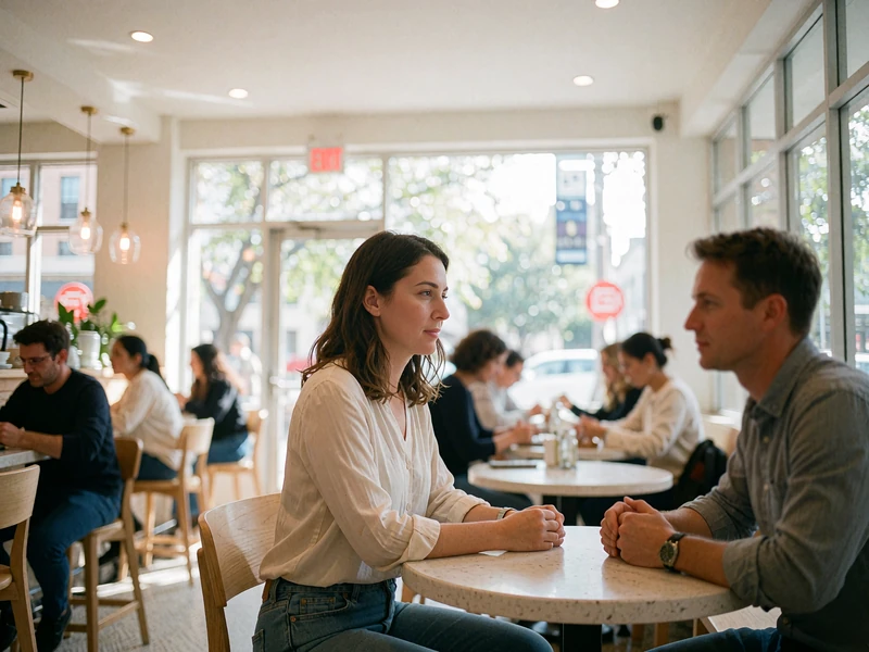 Woman in a light blouse meeting a companion across a small table in a busy daylight Houston café