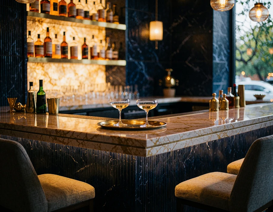 Empty marble counter with two coupe glasses in a modern Dallas cocktail bar before evening service