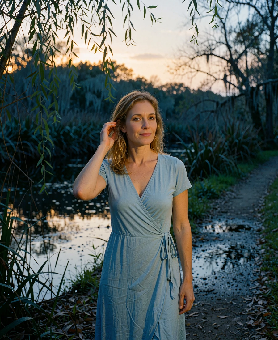 Woman in a soft blue wrap dress walking beside a bayou park path in Houston at dusk